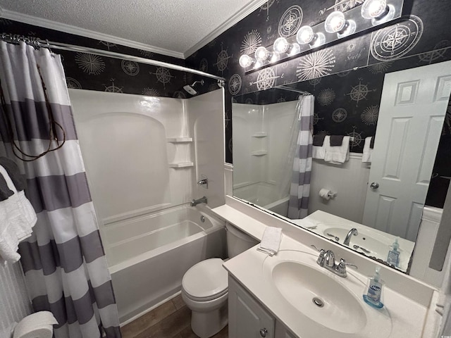 full bathroom featuring toilet, shower / tub combo, a textured ceiling, vanity, and hardwood / wood-style floors