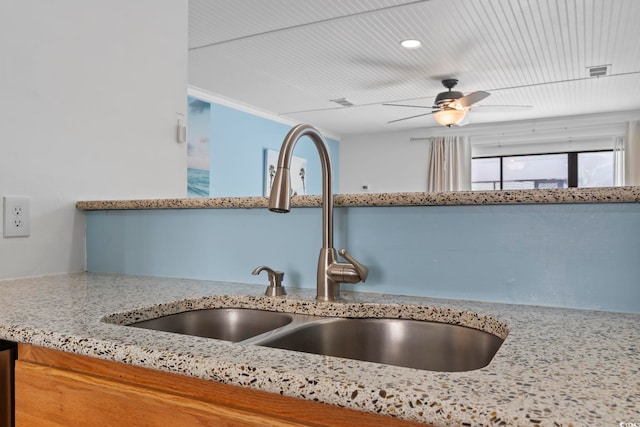 details with light stone countertops, sink, and ceiling fan