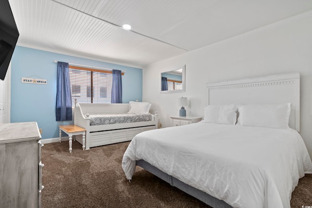 carpeted bedroom featuring ornamental molding