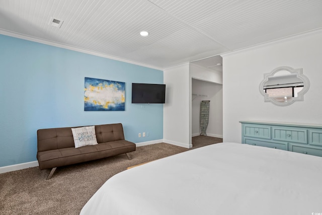 carpeted bedroom featuring ornamental molding