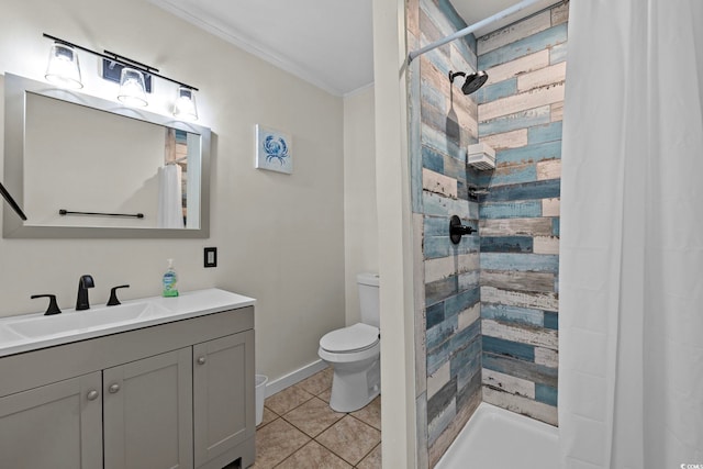 bathroom with crown molding, tile patterned floors, toilet, a shower with curtain, and vanity