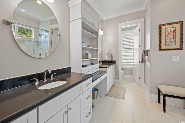 bathroom featuring toilet, vanity, wood-type flooring, and vaulted ceiling