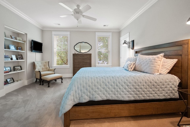 bedroom with lofted ceiling, light colored carpet, and ceiling fan