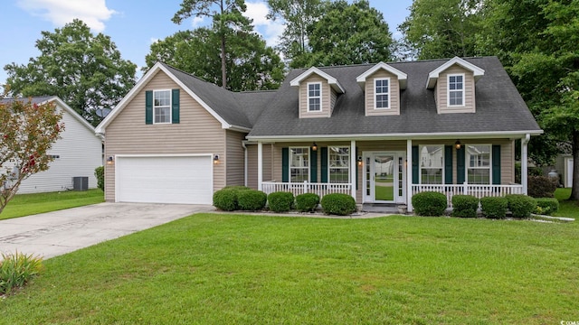 cape cod-style house featuring a front lawn, covered porch, and central AC