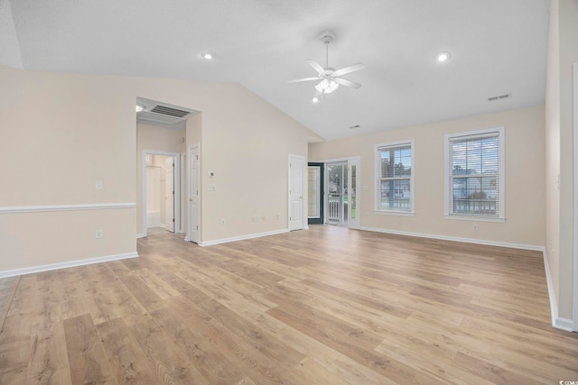 unfurnished living room with vaulted ceiling, light hardwood / wood-style flooring, and ceiling fan