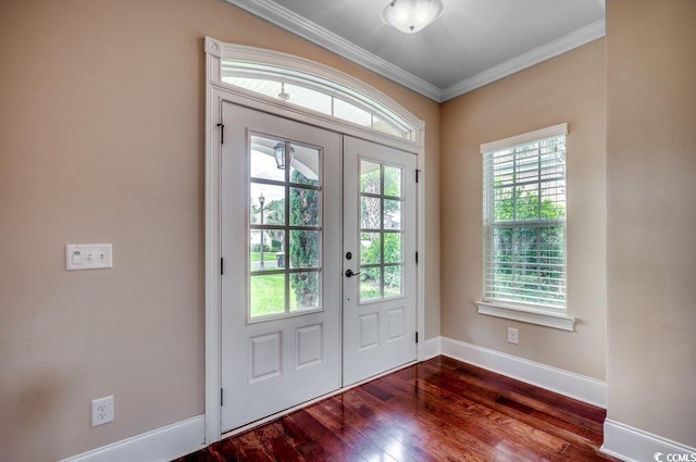 doorway to outside with french doors, plenty of natural light, and dark hardwood / wood-style floors