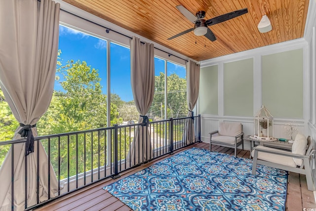 sunroom / solarium featuring ceiling fan and wood ceiling