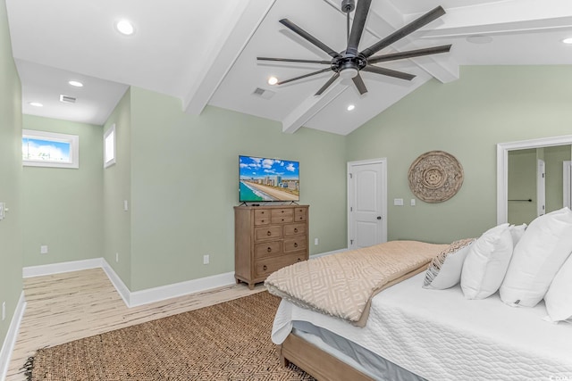 bedroom with wood-type flooring, vaulted ceiling with beams, and ceiling fan