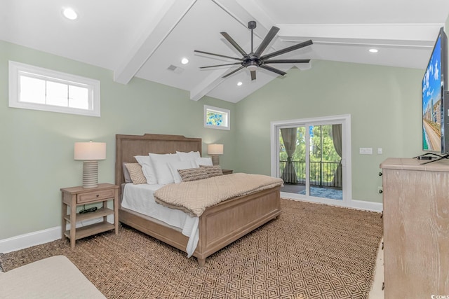 bedroom featuring multiple windows, access to exterior, lofted ceiling with beams, and ceiling fan