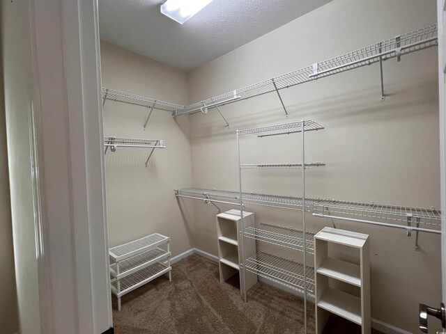 spacious closet featuring dark carpet