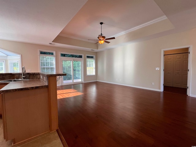 unfurnished living room with hardwood / wood-style floors, sink, and a raised ceiling