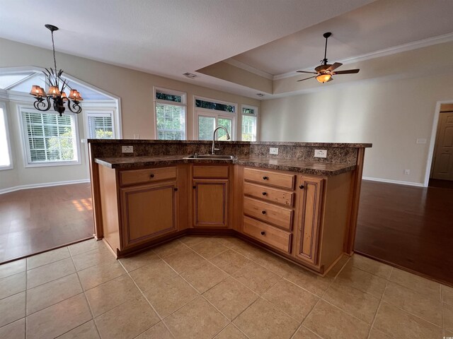 kitchen featuring a raised ceiling, light hardwood / wood-style floors, ornamental molding, sink, and decorative light fixtures