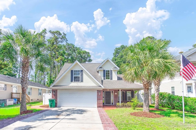 traditional-style home with a garage, brick siding, a shingled roof, driveway, and a front yard