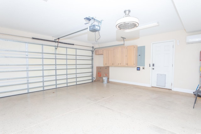 garage with a wall unit AC, electric panel, baseboards, and a garage door opener