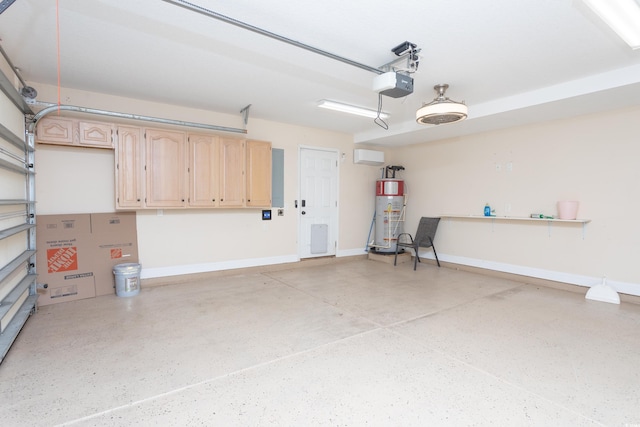 garage featuring water heater, baseboards, and a garage door opener