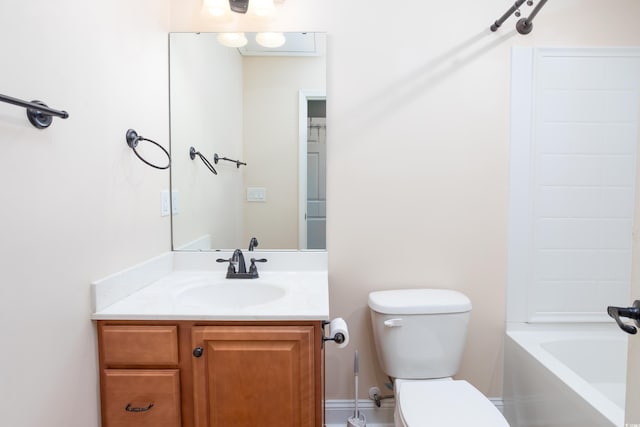 full bath with shower / bathing tub combination, vanity, and toilet