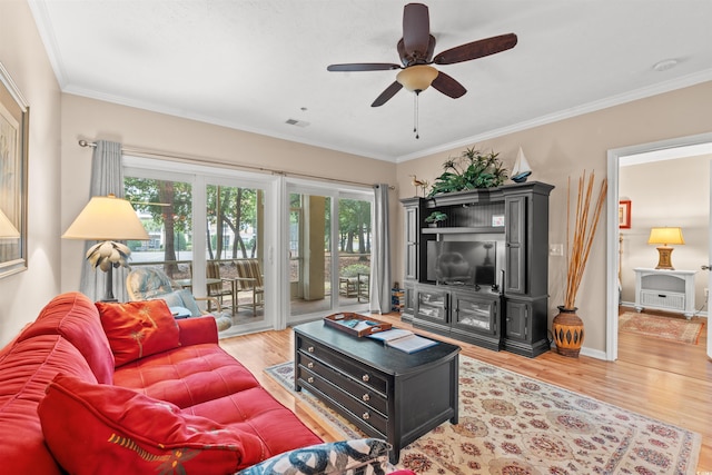 601 Hillside Dr N Unit 2903, North Myrtle Beach, SC 29582 - living room featuring wood finished floors, a ceiling fan, crown molding, and baseboards