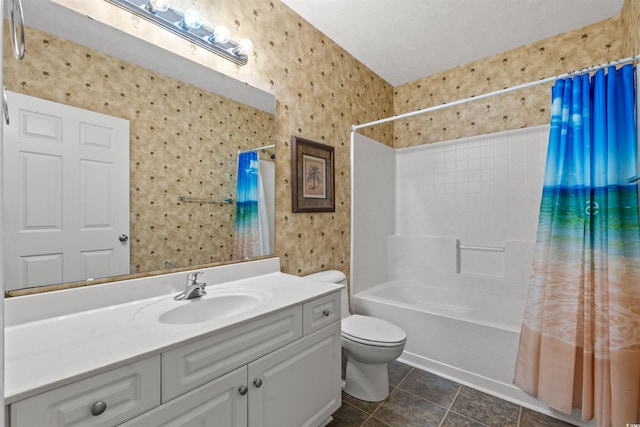 601 Hillside Dr N Unit 2903, North Myrtle Beach, SC 29582 - full bath with wallpapered walls, tile patterned floors, shower / bathtub combination with curtain, toilet, and vanity