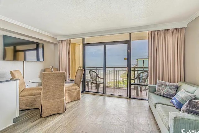 6900 Ocean Blvd N Unit 1410, Myrtle Beach, SC 29572 - living area featuring crown molding, a textured ceiling, expansive windows, and wood finished floors