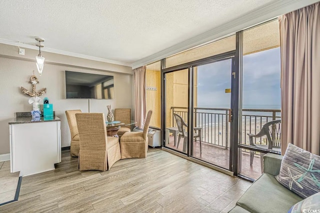 6900 Ocean Blvd N Unit 1410, Myrtle Beach, SC 29572 - interior space with ornamental molding, a textured ceiling, a wall of windows, and light wood-type flooring