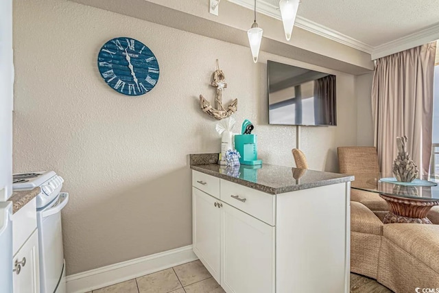 6900 Ocean Blvd N Unit 1410, Myrtle Beach, SC 29572 - bar featuring light tile patterned floors, white electric range, crown molding, baseboards, and hanging light fixtures