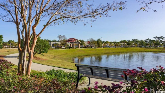 view of property's community featuring a water view and a yard