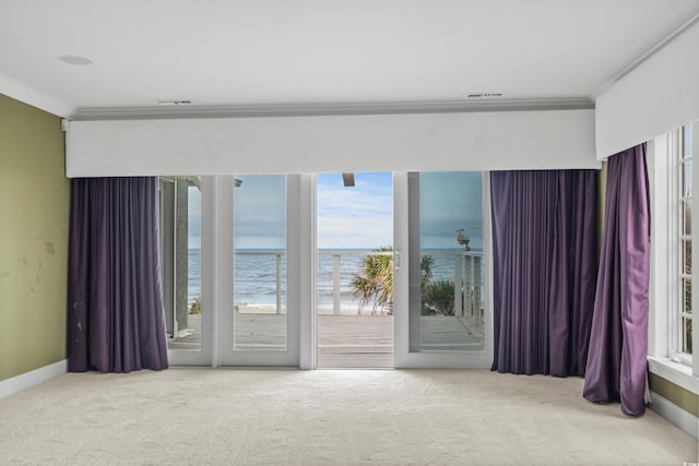 spare room with a water view, ornamental molding, and light carpet