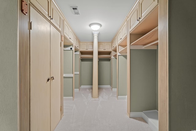 walk in closet with light carpet