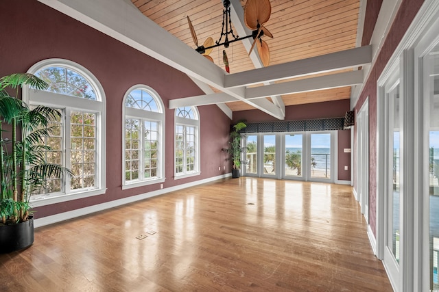 unfurnished living room featuring beamed ceiling, wood ceiling, high vaulted ceiling, and light wood-type flooring