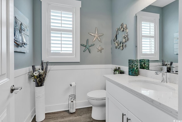 bathroom featuring wood-type flooring, toilet, and vanity