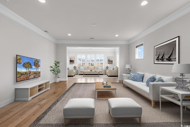 living room with wood-type flooring and crown molding