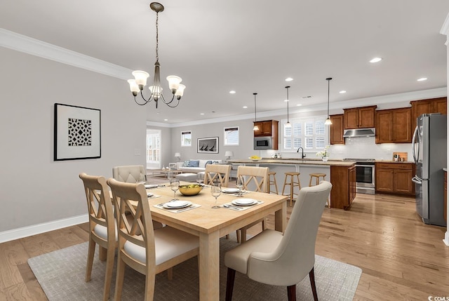 dining room featuring light hardwood / wood-style floors, a healthy amount of sunlight, and a notable chandelier