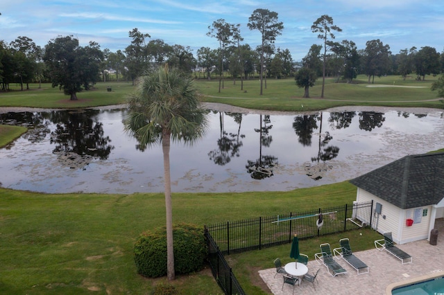 view of water feature featuring fence