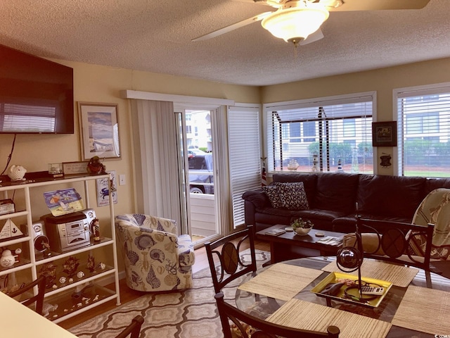 living room featuring a textured ceiling and ceiling fan