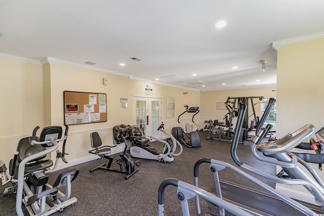 gym featuring french doors and crown molding