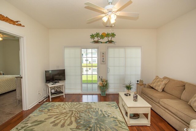 living room featuring ceiling fan and dark hardwood / wood-style flooring