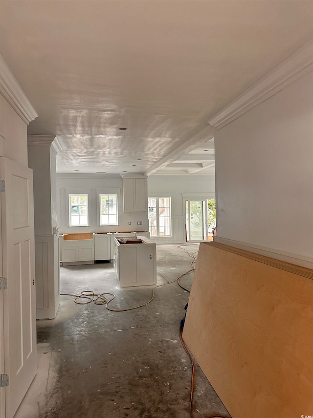 hallway featuring a wealth of natural light and ornamental molding