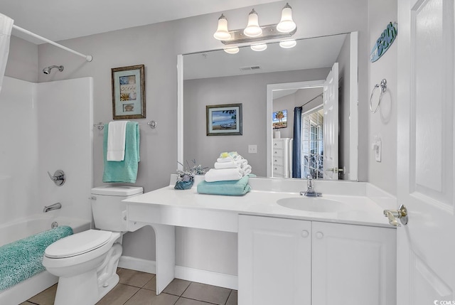 bathroom with tile patterned flooring, toilet, visible vents, vanity, and shower / washtub combination