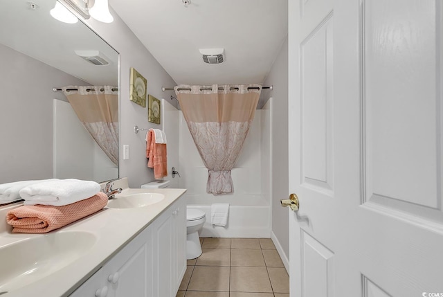 full bathroom featuring tile patterned flooring, toilet, a sink, visible vents, and double vanity