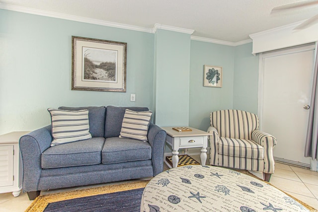 living room featuring light tile patterned flooring and crown molding