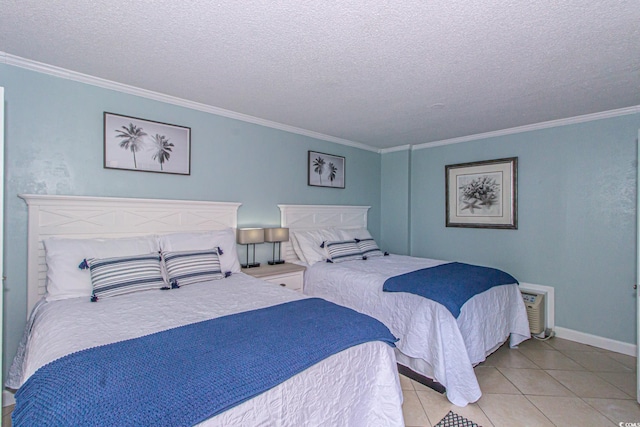 tiled bedroom with a textured ceiling and crown molding