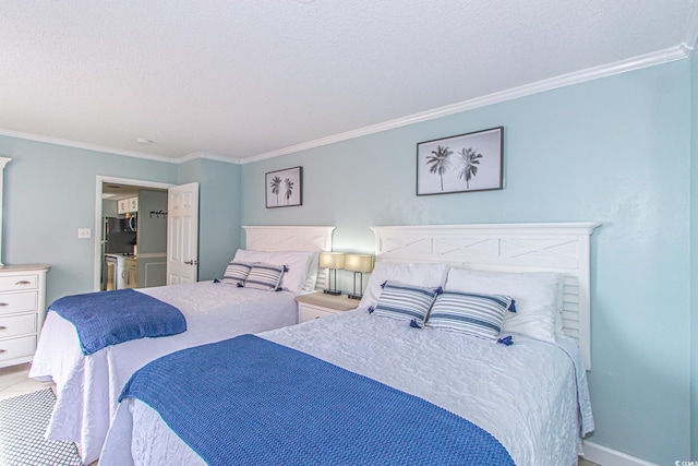 bedroom featuring a textured ceiling and crown molding