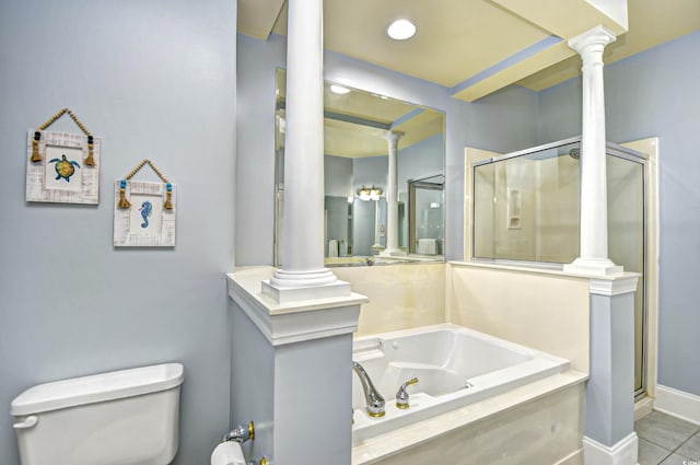 bathroom with a garden tub, decorative columns, a shower stall, and toilet