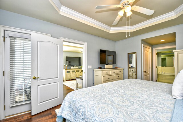 bedroom with crown molding, ceiling fan, a raised ceiling, and dark wood-type flooring