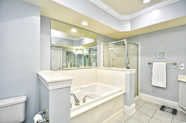 bathroom with a stall shower, ornamental molding, tile patterned flooring, vanity, and a bath