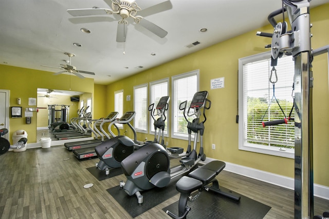 workout area with hardwood / wood-style flooring and ceiling fan