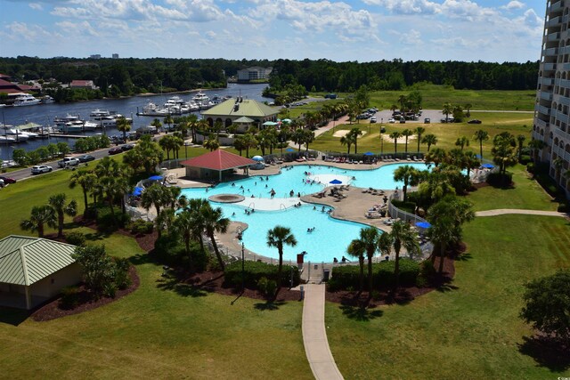 aerial view featuring a water view