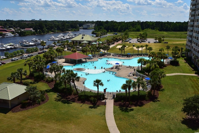 drone / aerial view featuring a water view