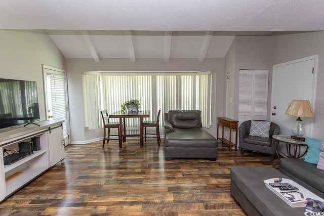 living room featuring dark hardwood / wood-style flooring, lofted ceiling with beams, and a textured ceiling