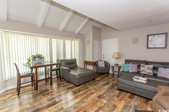 living room with vaulted ceiling with beams, a textured ceiling, and hardwood / wood-style flooring